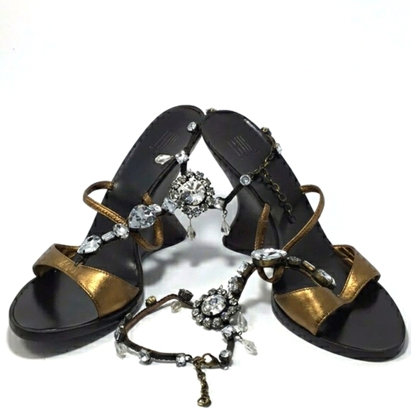 Pelle Moda Leather Jeweled Bronze Chain Wedge 6M - Picture 3 of 8